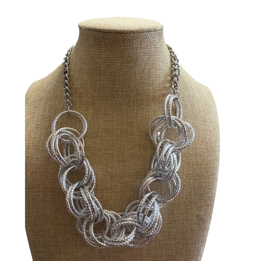 New York & Company Chunky Silver Tone Textured Interlocking Ring Necklace Layer